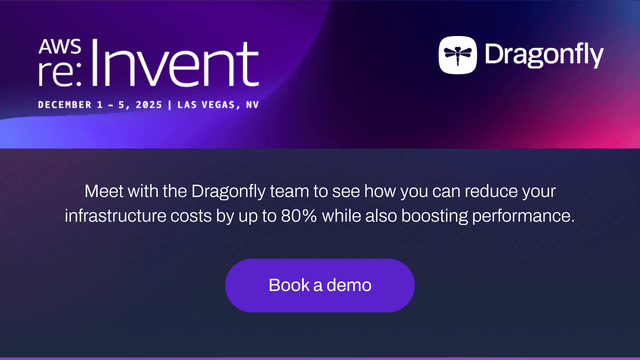 Promotional graphic for AWS re:Invent 2025 in Las Vegas by Dragonfly. Text invites users to book a demo, highlighting cost reduction and improved performance.